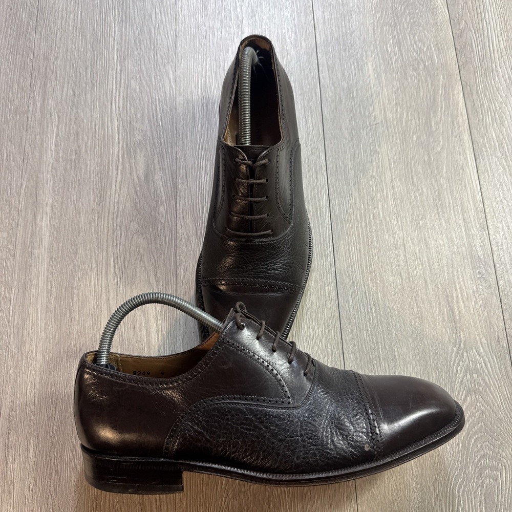 Magnanni Oxford Loafer Shoes Size 9M Brown Leather Cap‎ Toe Lace Up Pebbled